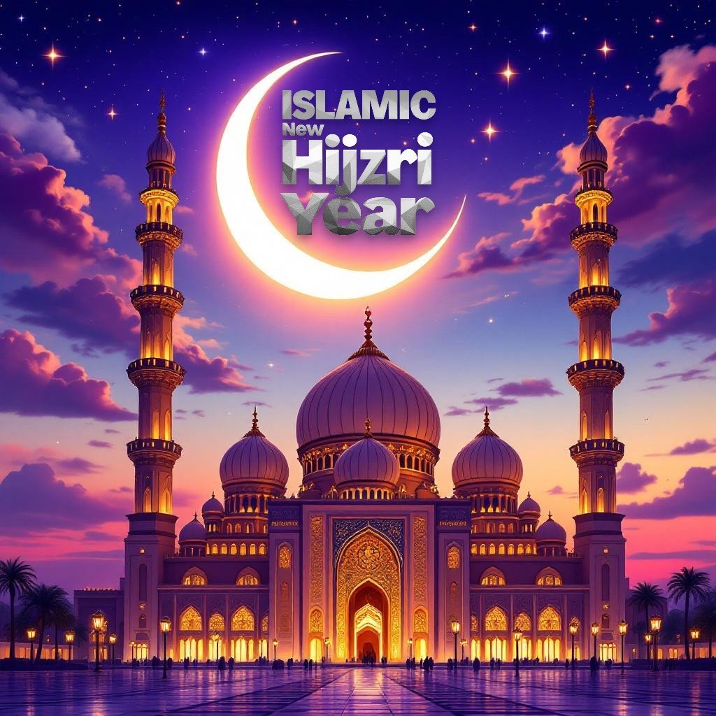 Beautiful mosque under crescent moon – Hijri New Year start