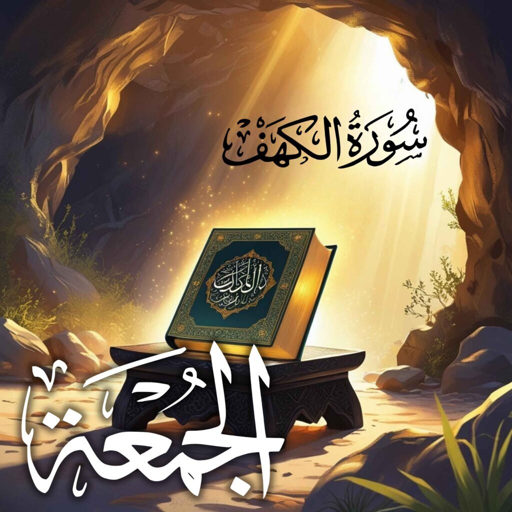 Peaceful natural setting with a closed Quran at cave entrance – ideal for Surah Al-Kahf Friday blessings blog