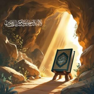 “Islamic visual of Surah Al-Kahf theme – cave, divine light, and Arabic calligraphy without human presence.” 