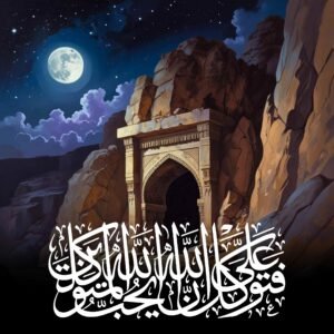 Mystical Islamic cave scene with closed Quran and divine light – representing the blessings of reading Surah Al-Kahf.