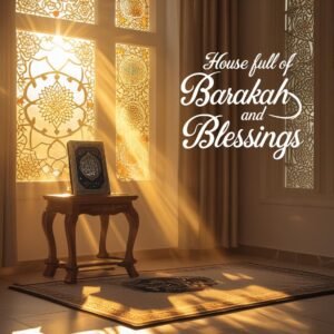 A glowing house with Qur’an light shining inside, surrounded by peaceful Noor. 