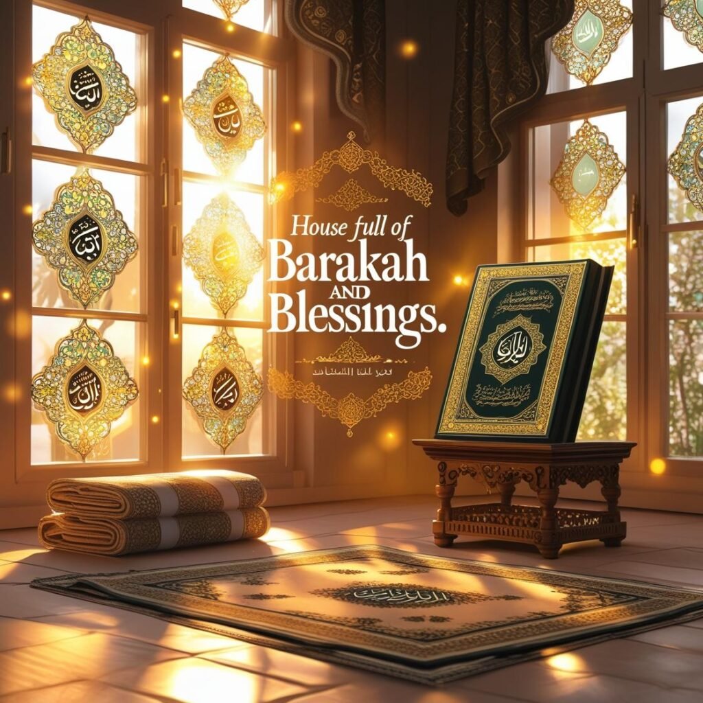 "Beautiful Islamic home interior with Qur’an, prayer mat, and sunlight symbolizing a House Full of Barakah."