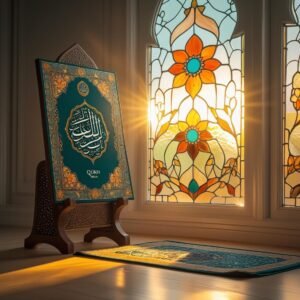 Calligraphy art of “Barakah” with soft golden light and Islamic geometric background. 