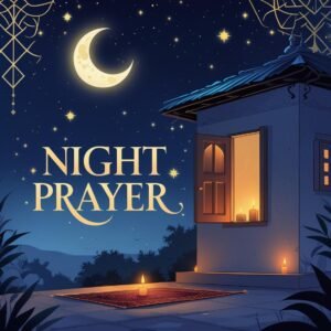 Muslim praying Tahajjud at night under moonlight.