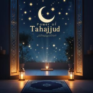 Islamic calligraphy of Tahajjud with glowing stars and soft candlelight atmosphere