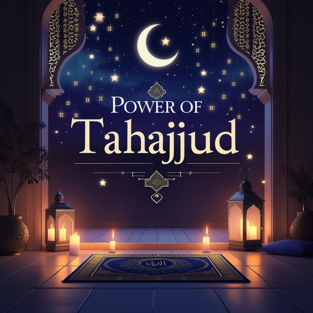 "Muslim praying Tahajjud under the night sky with crescent moon, symbolizing the spiritual power of Tahajjud and closeness to Allah."