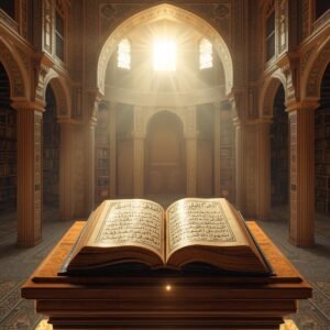 Open book in a grand library